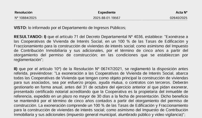 Resolución 10884/2025: exoneración a las Cooperativas de Vivienda de Interés Social