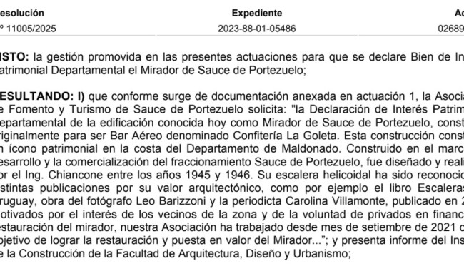Resolución IDM 11005/2025: se declara como Bien de Interés Patrimonial Departamental al Mirador de Sauce de Portezuelo