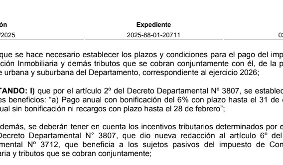 Resolución IDM 11906/2025: pago del impuesto Contribución Inmobiliaria propiedad inmueble urbana y suburbana del Departamento, ejercicio 2026