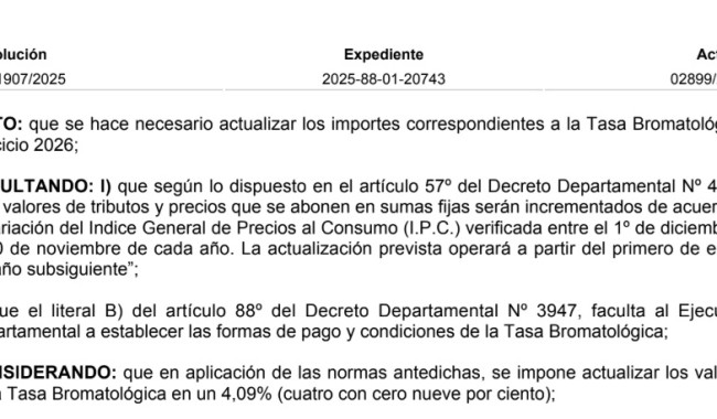 Resolución IDM: 11907/2025: Tasa Bromatológica Ejercicio 2026