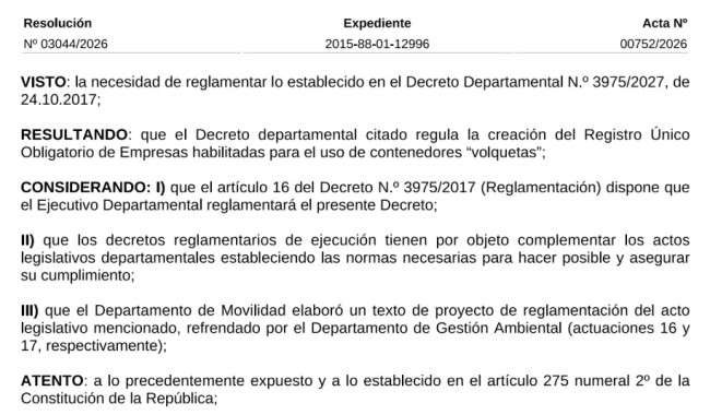 Resolución IDM 03044/2026: reglamentación de volquetas
