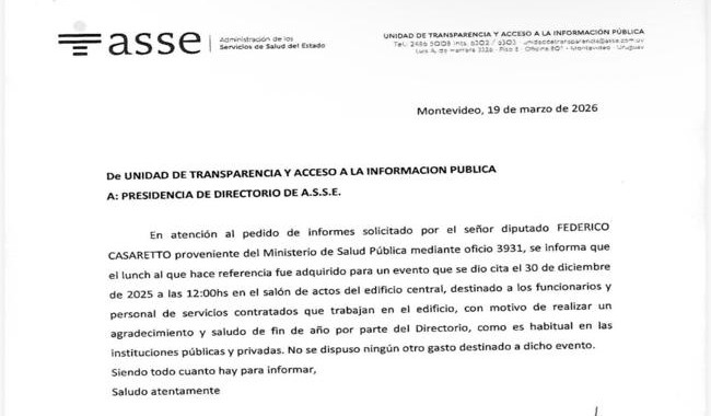 ASSE confirma gasto en lunch bajo gestión Danza ante pedido de informes de Casaretto y lo defiende como práctica habitual