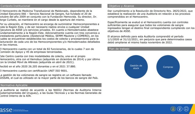 Hemocentro: auditoría de ASSE previa al cese de Curbelo no detectó desvíos y recomendó auditar al SNS