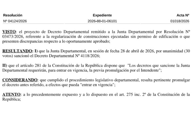 Resolución IDM 04124/2026: promulga el Decreto 4118/2026 (regularización de obras sin permiso de construcción)