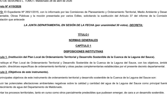 Decreto 4119/2026: Plan Local De Ordenamiento Territorial Y Desarrollo Sostenible De La Cuenca De Laguna Del Sauce
