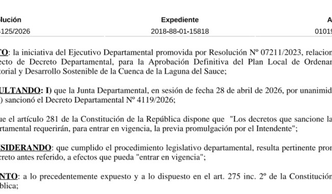 Resolución IDM 4125/2026: promulga Decreto 4119 (Plan Local Cuenca Laguna del Sauce)