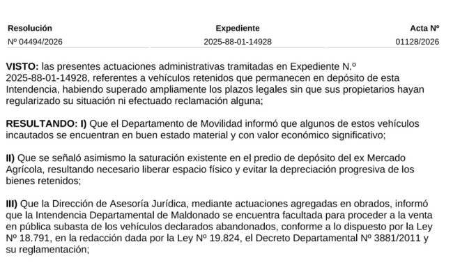 Resolución IDM 04494/2026: Vehículos que cumplen con los requisitos para su remate (incluye listado)