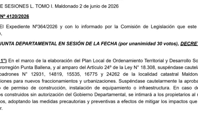 Decreto 4120/2026: se suspenden nuevas urbanizaciones y obras en 5 padrones de Punta Ballena