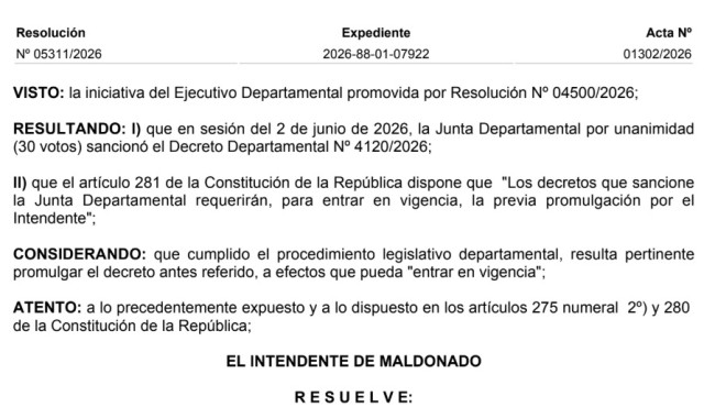 Resolución 05311/2026: se promulga el Decreto 4120/2026 (padrones Punta Ballena)