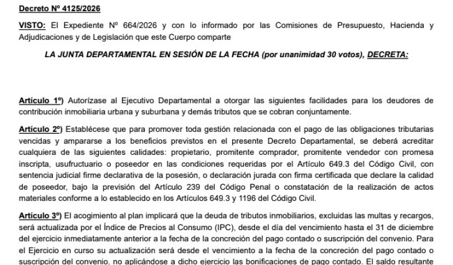 Decreto 4125/2026: facilidades para deudores de contribución inmobiliaria y demás tributos que se cobran conjuntamente