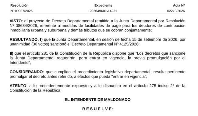 Resolución IDM 09087/2026: promulga Decreto 4125/2026 (facilidades de pago para deudores de contribución inmobiliaria y demás tributos que se cobran conjuntamente)