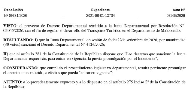 Resolución IDM 09331/2026: promulga Decreto 4126/2026 (transporte turístico departamental)