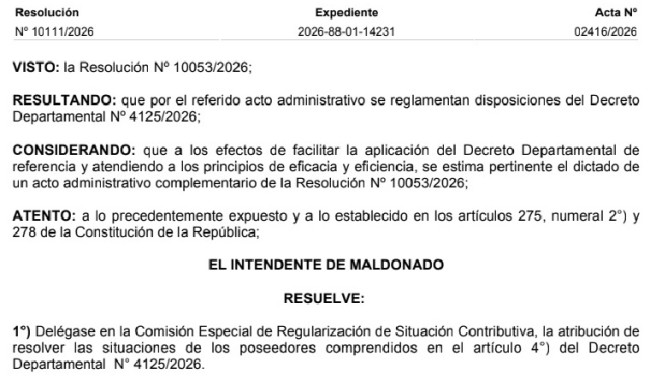 Resolución IDM 10111/2026: Delegación a comisión especial para resolver situaciones de poseedores de inmuebles comprendidos en el régimen de facilidades de pago