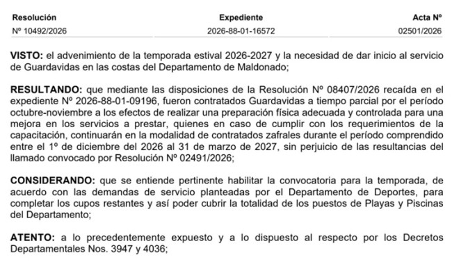 Resolución IDM 10492/2026: Llamado a guardavidas temporada 2026-2027