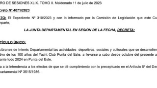 Decreto 4071/2023: se declaran de interés departamental actividades por los 100 años del Yatch Club Punta del Este